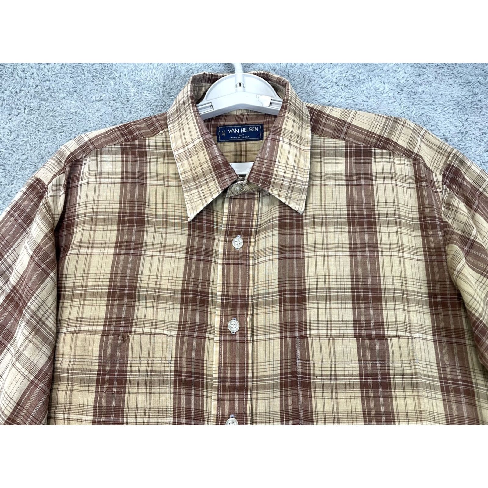 Van Heusen Van Heusen Shirt Mens Large Brown Beige Plaid Button-Down Long Sleeve Casual Size US L / EU 52-54 / 3 - 3 Thumbnail
