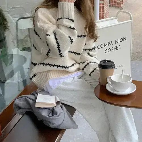 Japanese Brand Autumn Winter Sweater Women Knitted Shirts Warm Stiped Size ONE SIZE - 4 Thumbnail