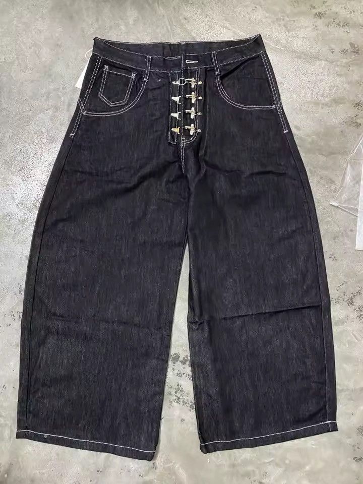 Jean Streetwear Metal Buckle Wide Leg Retro Style Jeans Pants Size 27" / US 4 / IT 40 - 2 Thumbnail