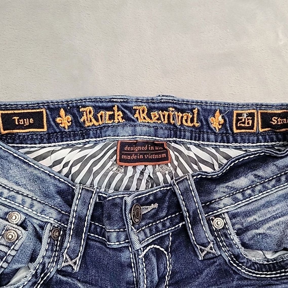 Vintage VINTAGE Rock Revival Jeans SZ 26 Faded Whiskered Distressed Denim Taye Straight Stretch Women Blue Pocket Design 5-Pocket Cowboy Mens Womens Girls Size 26" / US 2 / IT 38 - 4 Thumbnail