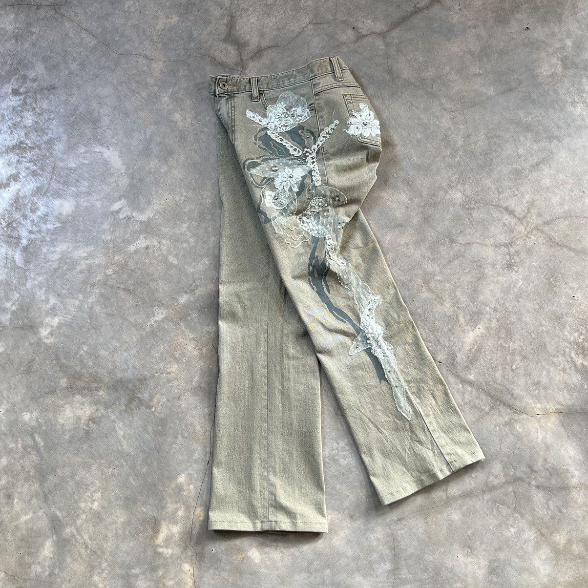 Japanese Brand Vintage D Azur Flared Swarovski Sage Green Jeans Size 30" / US 8 / IT 44 - 2 Thumbnail