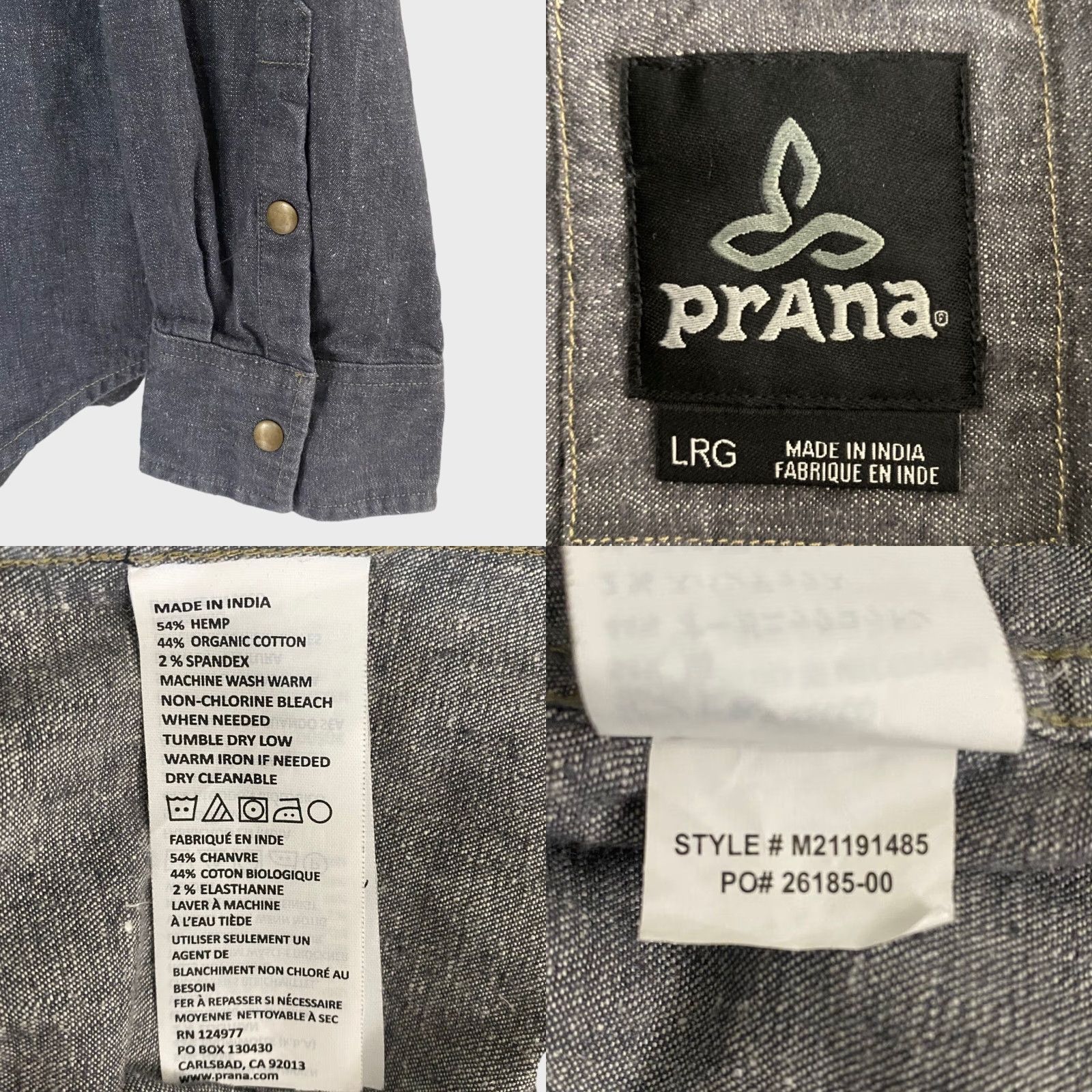 Prana Prana Lenny Overshirt Shirt Mens Large Gray Hemp Blend Snap Closure Button-Up Long Sleeve Size US L / EU 52-54 / 3 - 8 Thumbnail