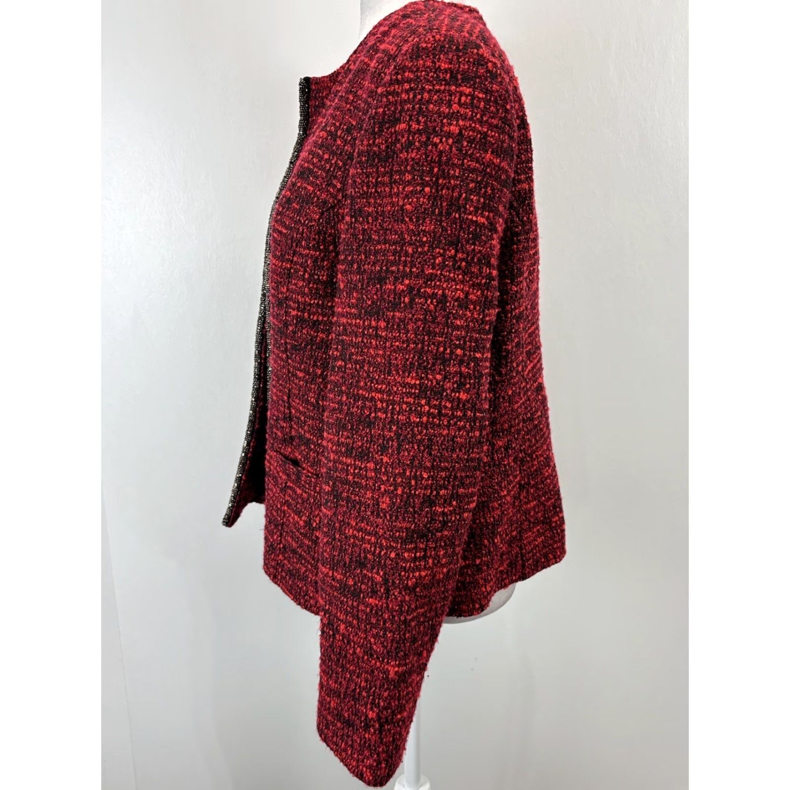 Vintage Chicos Blazer Red Tweed Jacket Sz 2 US Large Beaded Trim Open Front Career Size L / US 10 / IT 46 - 2 Thumbnail