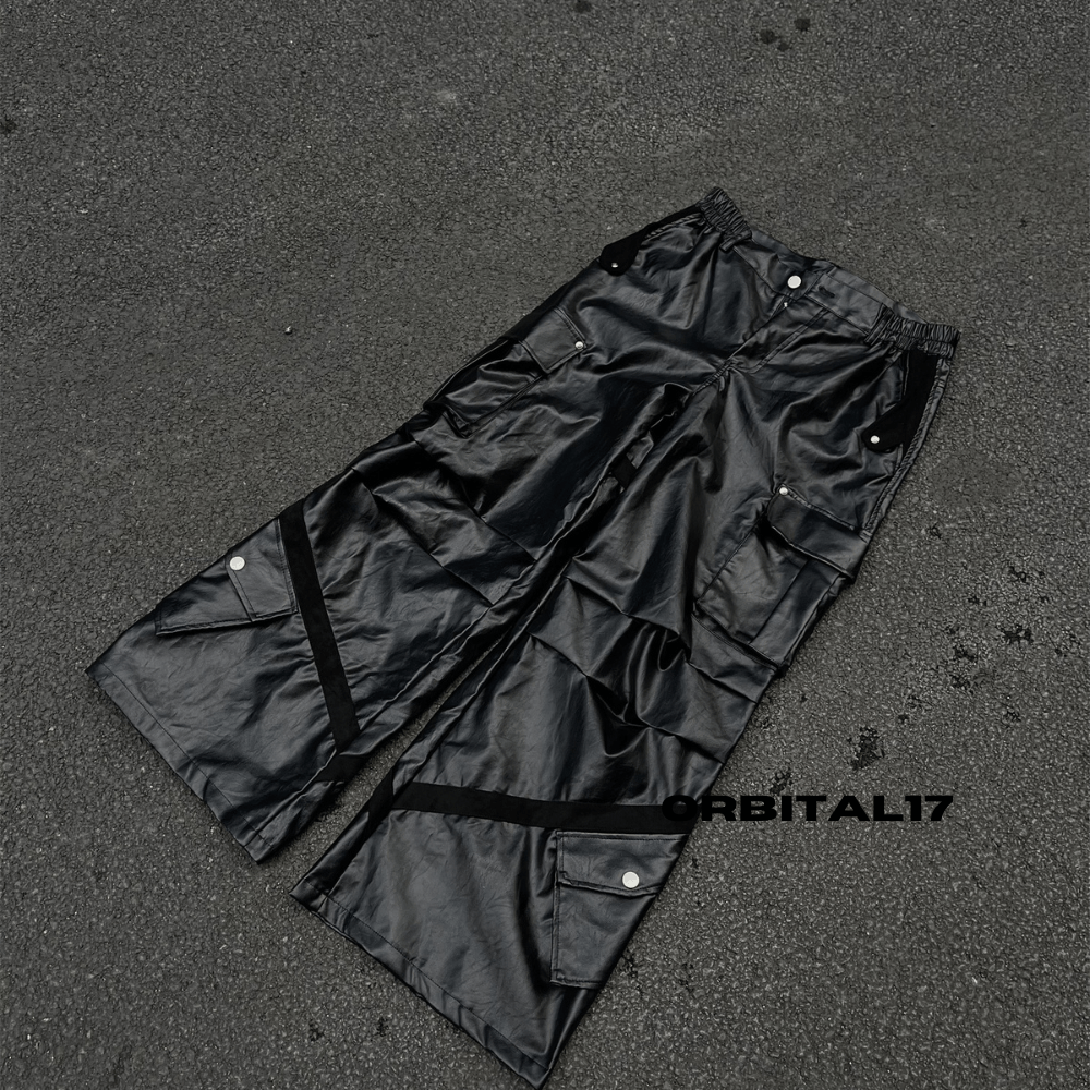 Leather Black Cargo Baggy Stacked Flare Faux Leather Jeans Size US 32 / EU 48 - 1 Thumbnail