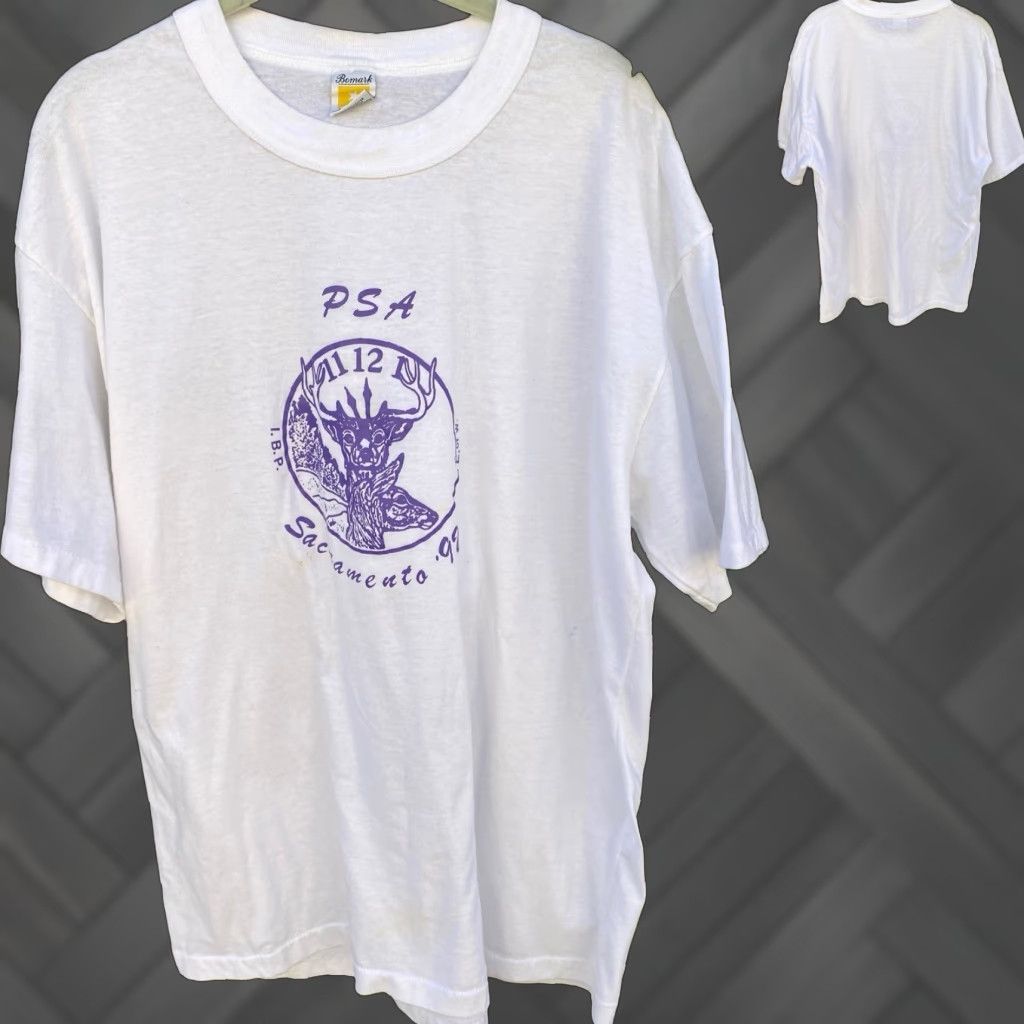 Vintage VINTAGE Bomark Sacramento '92 I.B.P.O.E. of W Elk Graphic T Shirt 3XL White Mens 1990s 90s Vintage Animals Nature Elk graphic print Size US XXL / EU 58 / 5 - 1 Thumbnail