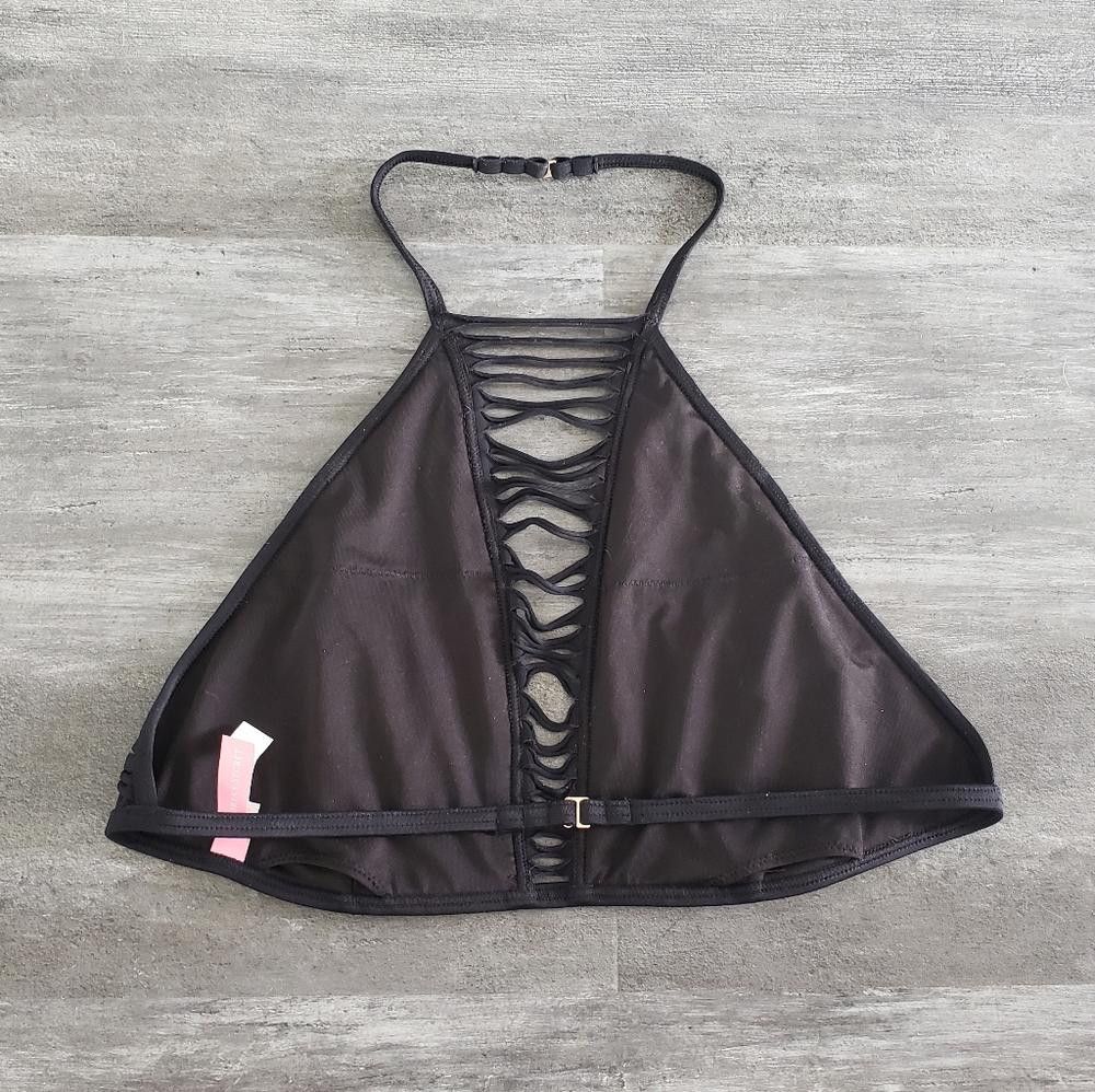 Designer Black Shredded VS High Neck Halter Bikini Top Size ONE SIZE - 2 Thumbnail