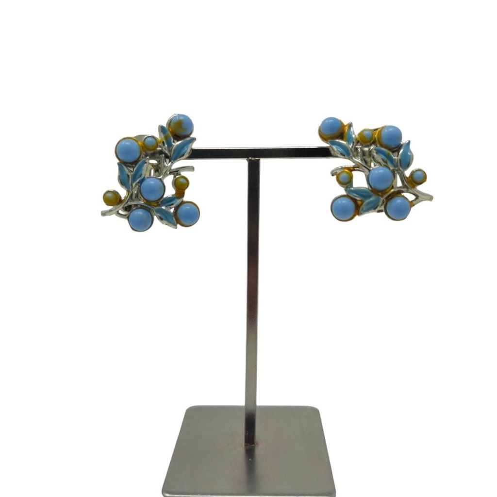 Handmade Charming vintage floral blue & silver clip-on earrings Size ONE SIZE - 8 Thumbnail