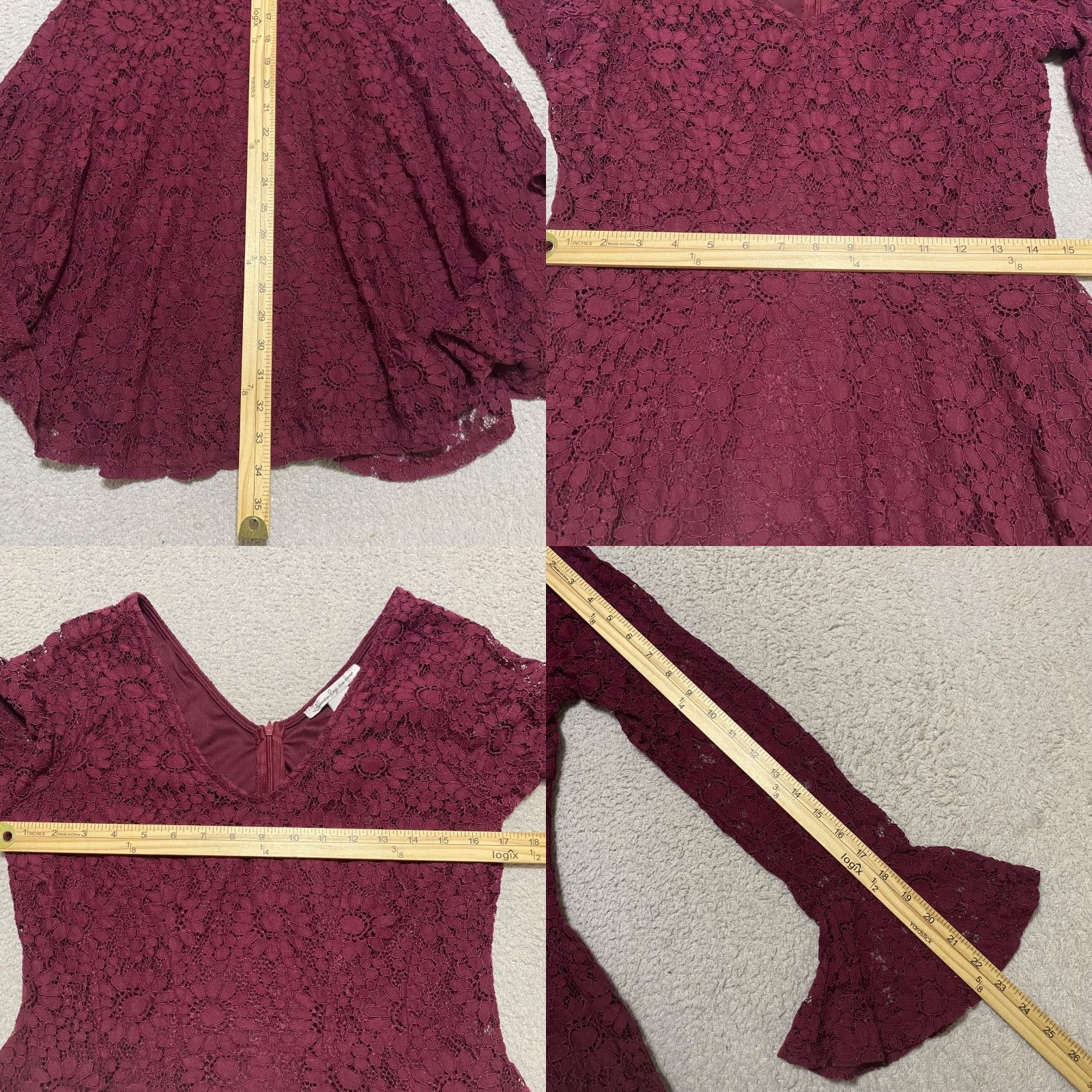 Vintage American Rag Cie Dress Womens Large Burgundy Lace Bell Sleeve Fit & Flare Short Dress L Size L / US 10 / IT 46 - 8 Thumbnail