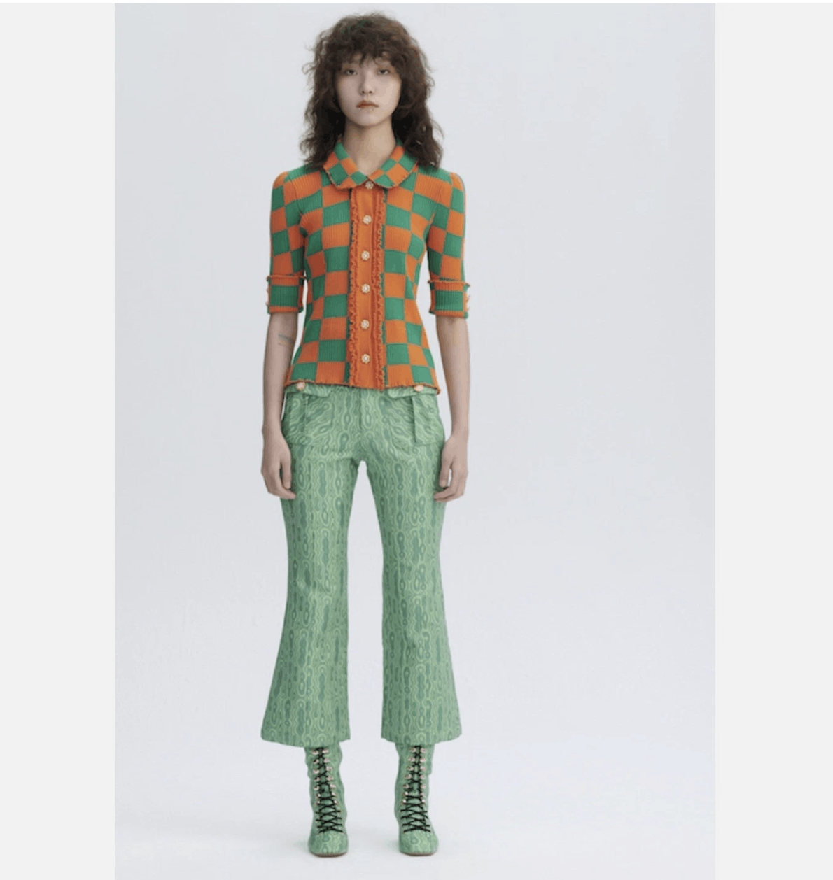 Other Motoguo Orange Green Checkered Ribbed Knit Ruffle Cardigan Size S / US 4 / IT 40 - 2 Thumbnail