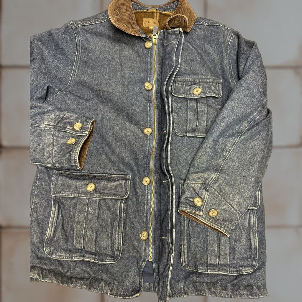 Vintage VINTAGE St Johns Bay Denim Over Coat Mens M Flannel Lined Corduroy Collar Coat Mens Medium Blue Denim Overcoat Size US M / EU 48-50 / 2 - 1 Thumbnail