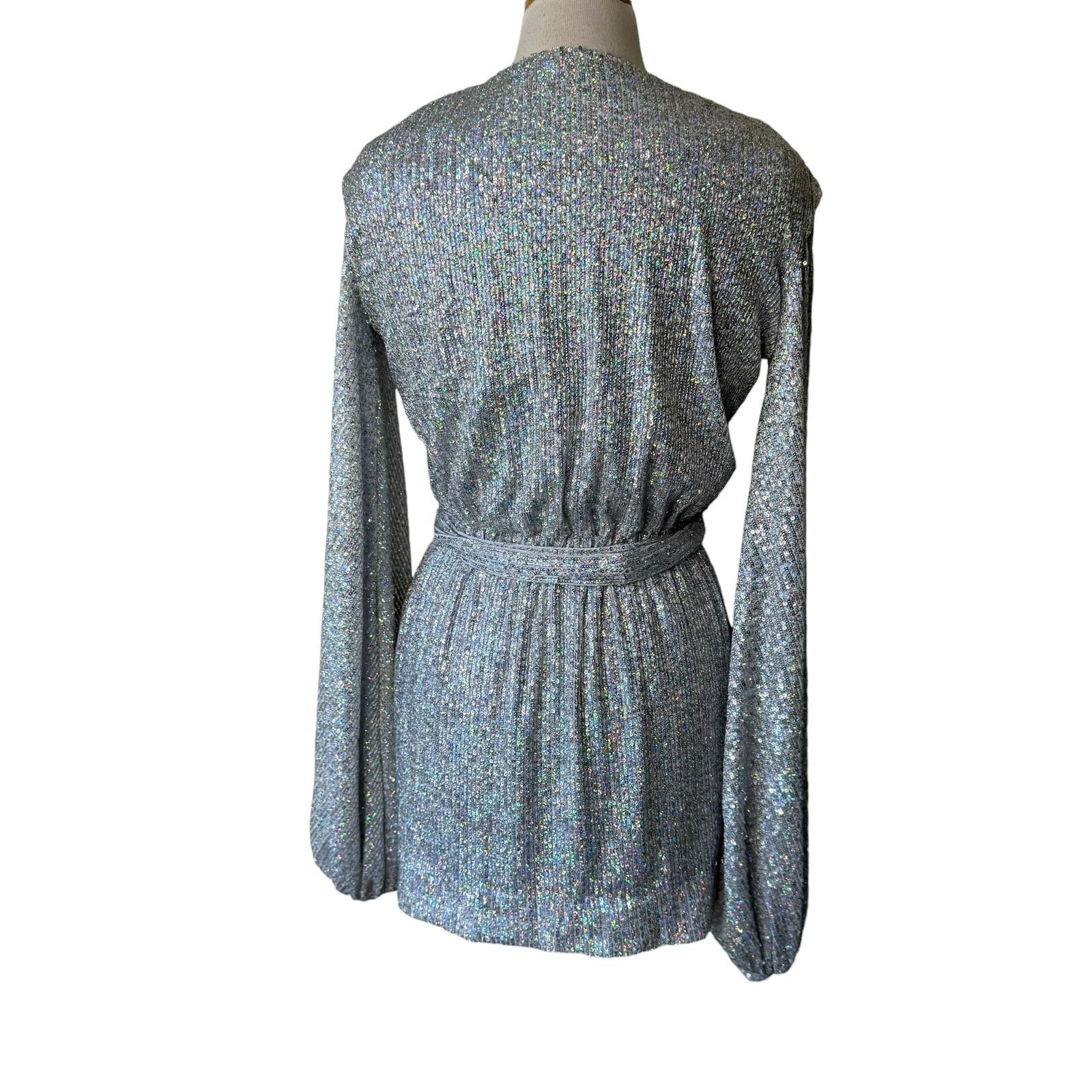 HOUSE OF CB LONDON Silver Sequin Wrap Mini Dress Size XS