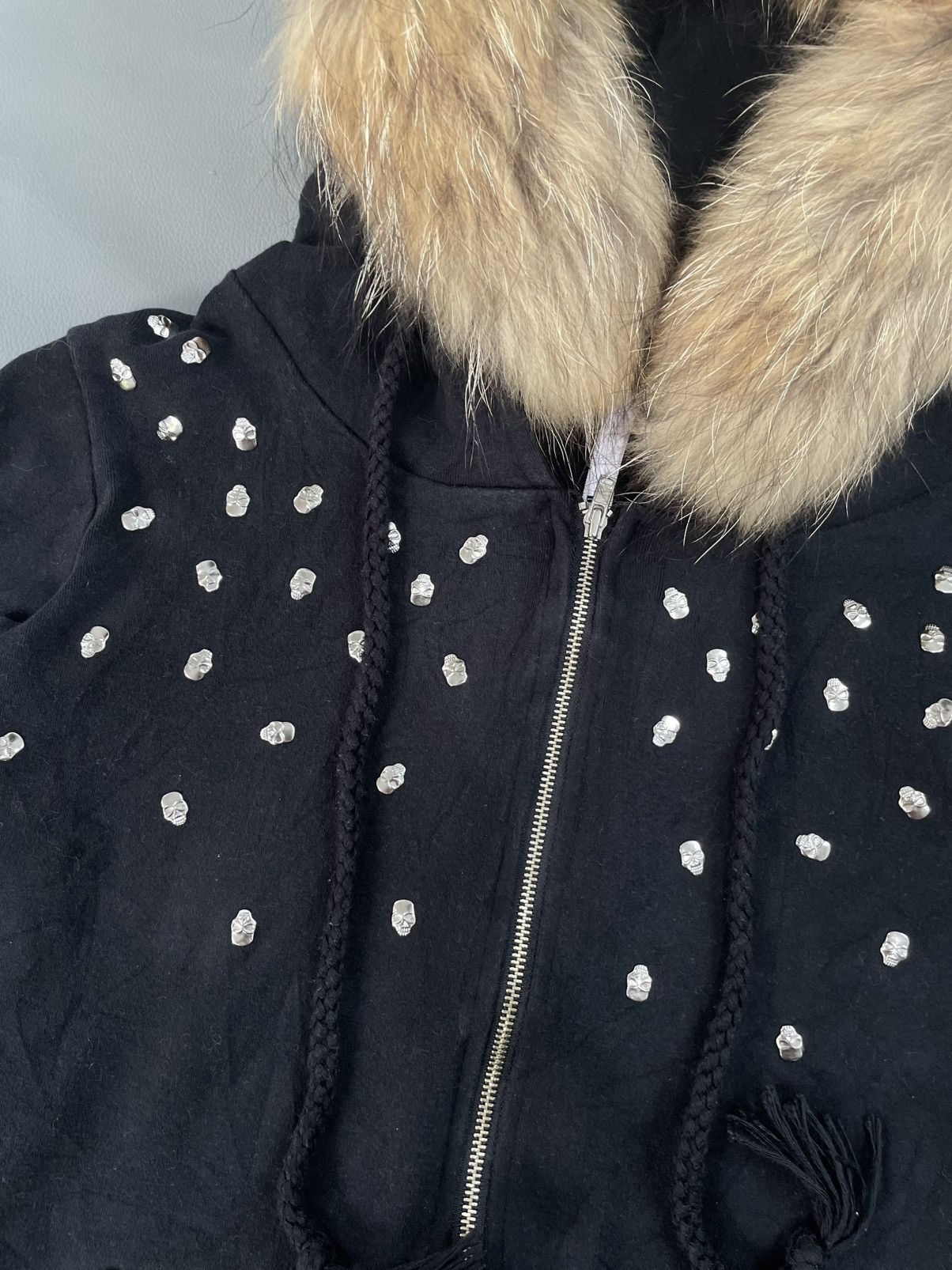 14th Addiction Black Studded Skull Zip Fur Hoodie Gothic Style Size S / US 4 / IT 40 - 2 Thumbnail