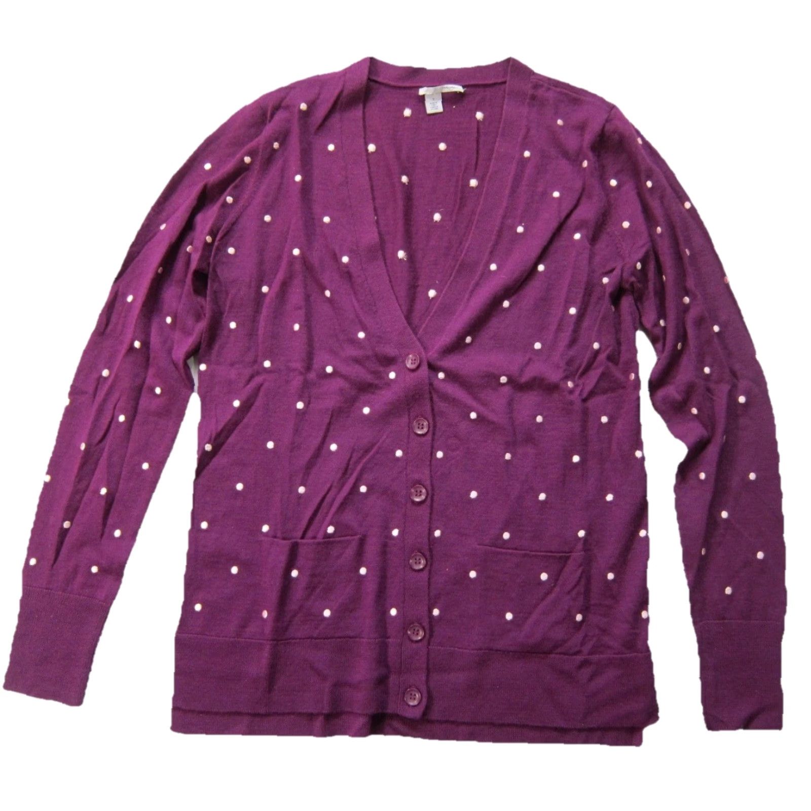 Vintage Halogen Cardigan Sweater Women Small V-Neck 100% Wool Purple White Polka Dot Knit Button Thin Long Sleeve Size S / US 4 / IT 40 - 6 Thumbnail