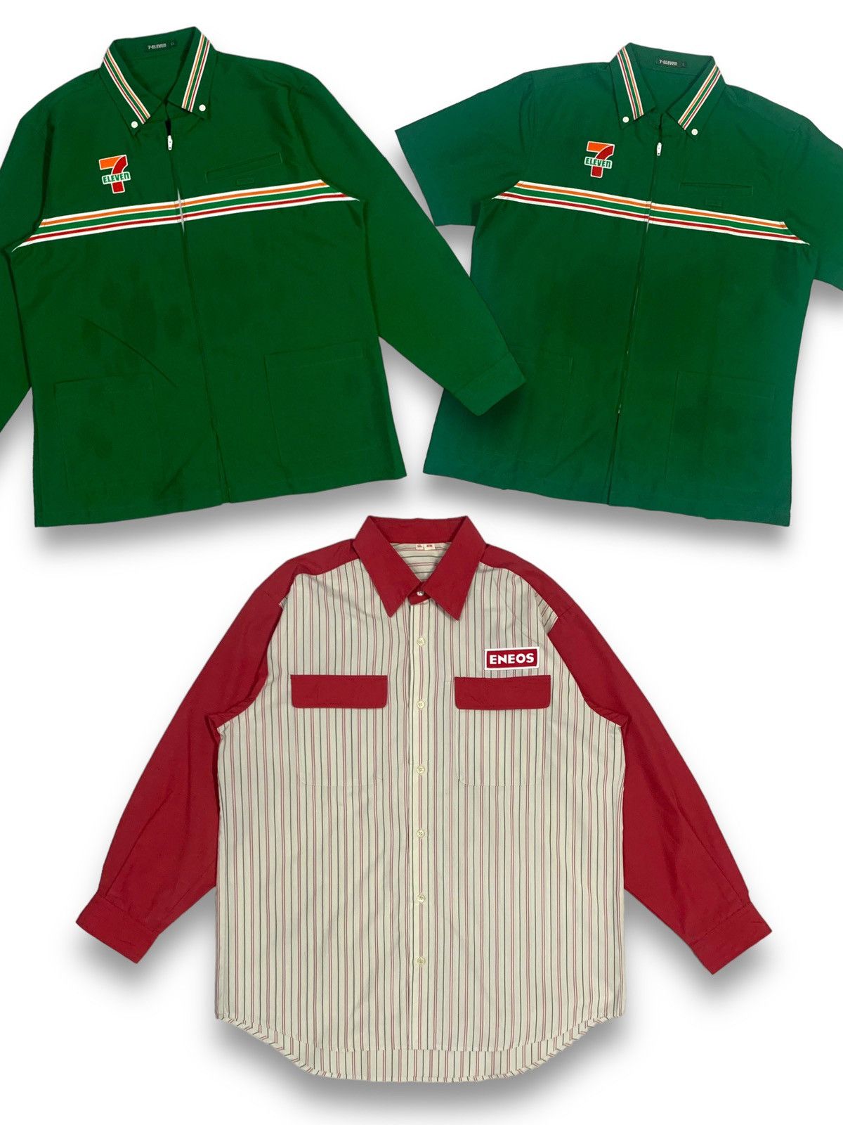 image of Bundle x Vintage 7-Eleven Long, Short Sleeve & Eneos Workwear Uniform in Red/White (Size Large)