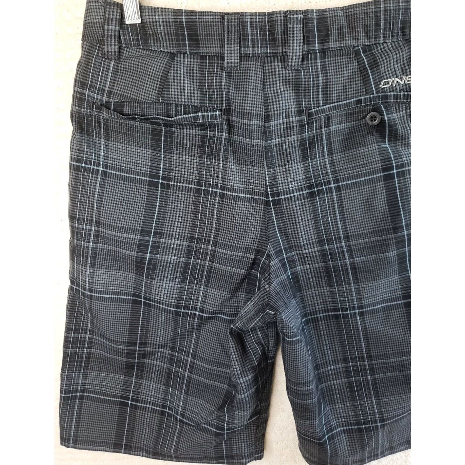 J Brand O’Neill Surf Brand Casual Chino Shorts Men 30x10 Plaid Zip Belt Loops Logo Pockets Gray Blue Black Twill New Size US 30 / EU 46 - 6 Thumbnail