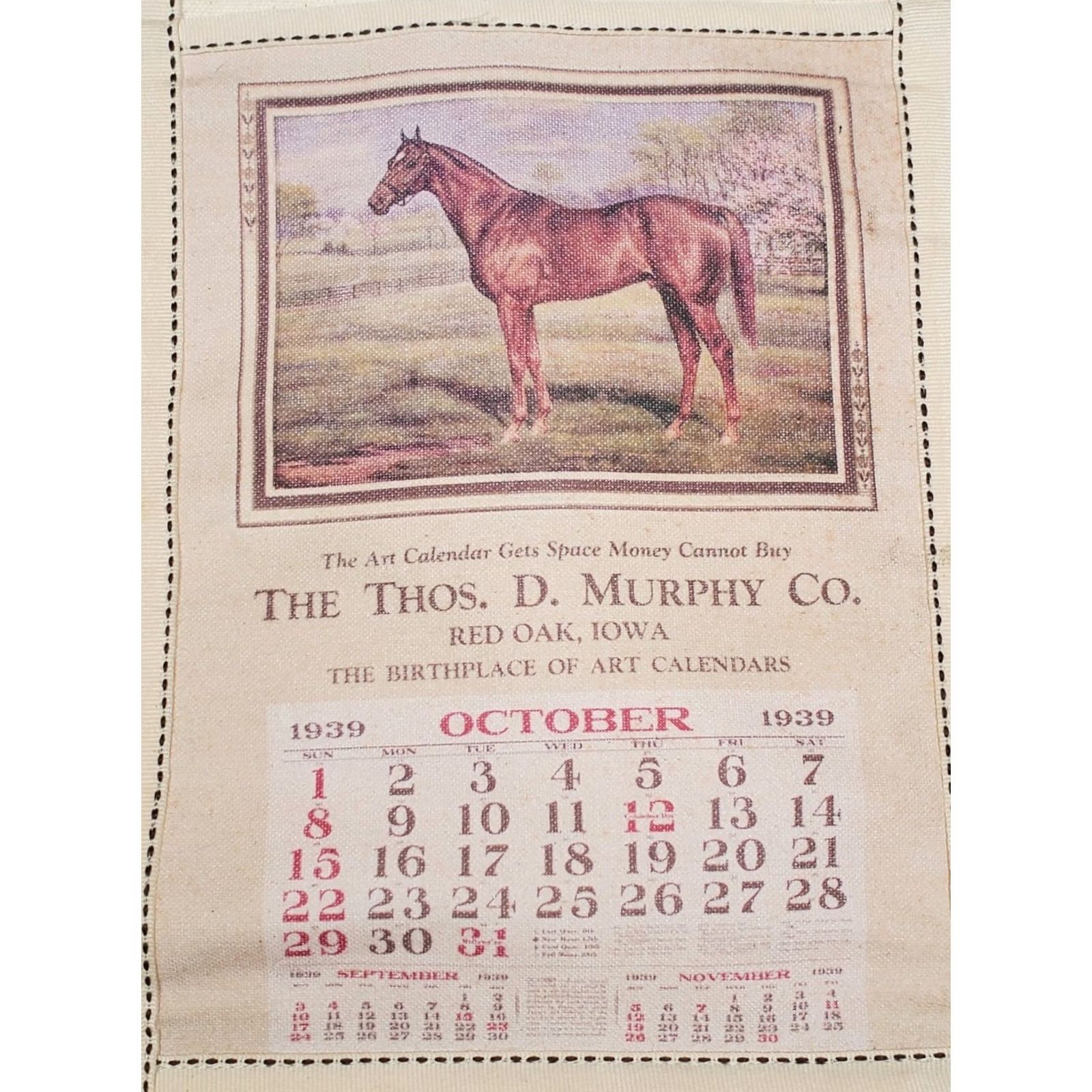 Vintage Rebecca Ray Canvas Tote Bag Equestrian Calendar October 1939 The Tho. D. Murphy Co. Womens Tote Medium Off-White Canvas Bag Size ONE SIZE - 3 Thumbnail