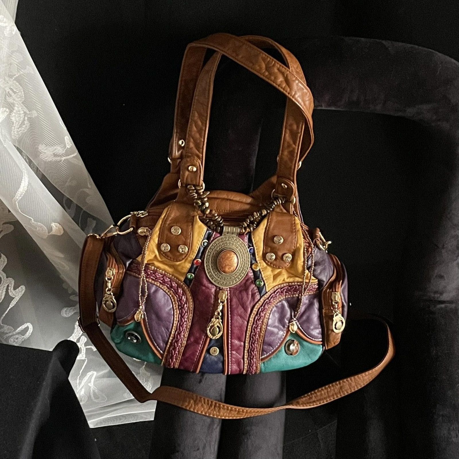 Vintage Retro Soft Leather Bag – Diamond Cut, Shoulder Fit Size ONE SIZE - 6 Thumbnail