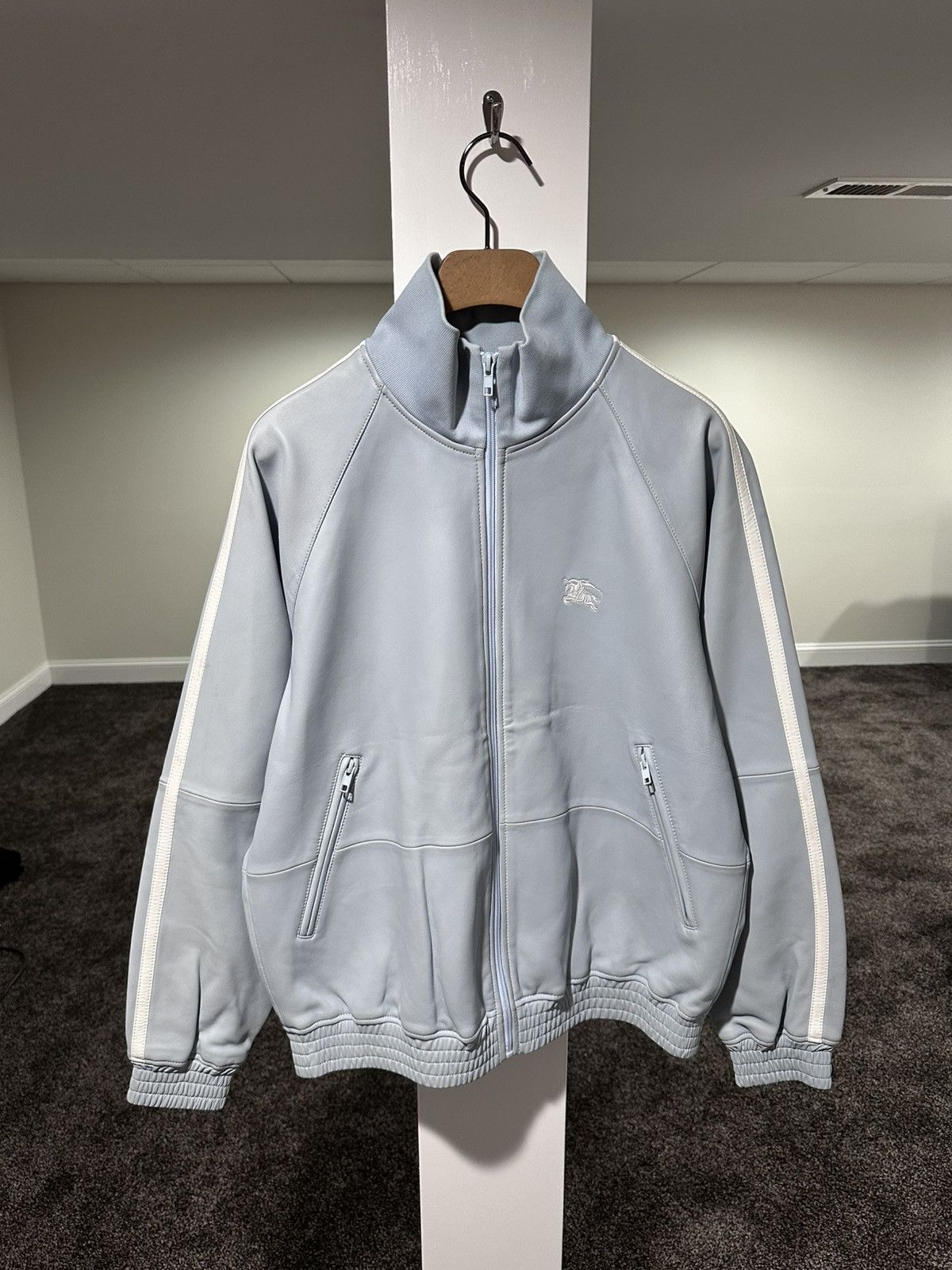 Supreme Burberry Pastel Blue Embroidered Leather Zip Jacket