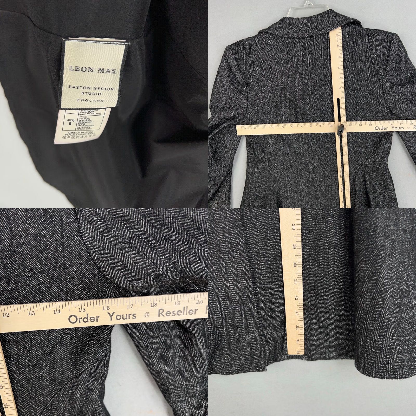Vintage LEON MAX Coat Womens 6 Gray Herringbone Wool Blend Limited Edition Trench Pea Jacket Overcoat Size M / US 6-8 / IT 42-44 - 8 Thumbnail