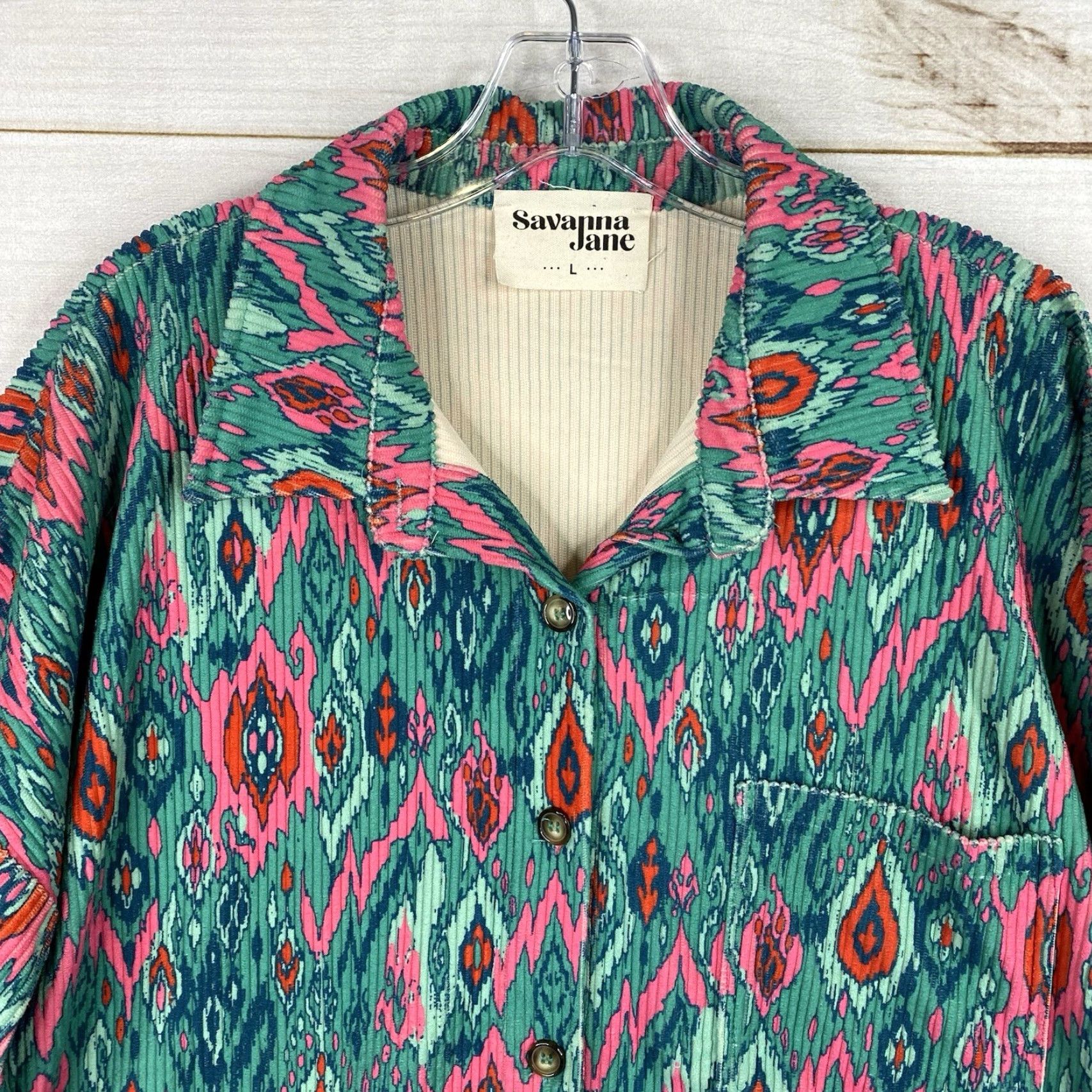 Pinko Savanna Jane Jacket Womens L Green Pink Floral Aztec Corduroy Button Up Boho Shirt Size L / US 10 / IT 46 - 2 Thumbnail
