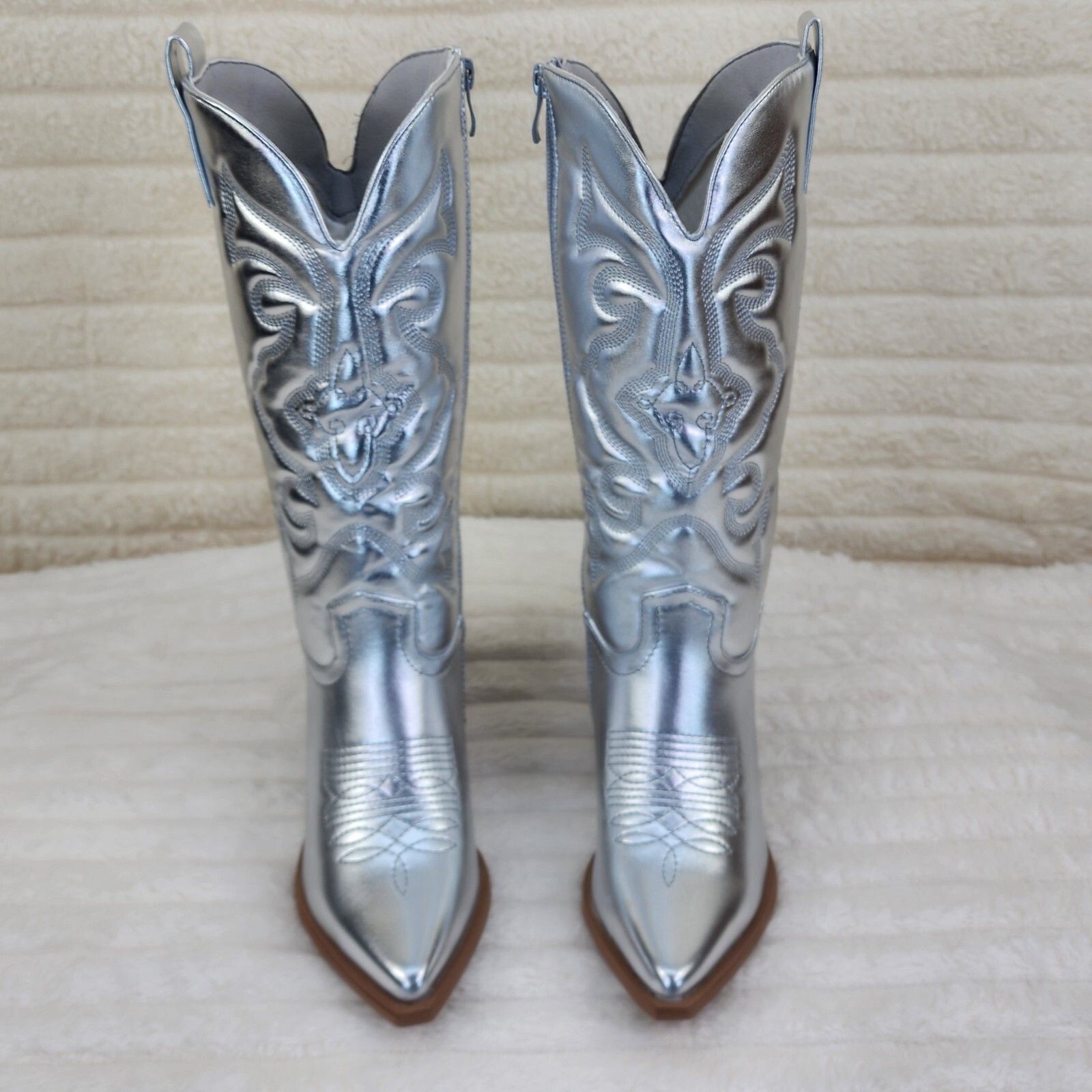 Other Disco Cowgirl Metallic Silver Cowboy Knee Boots Western Bloc Size US 7 / IT 37 - 5 Thumbnail