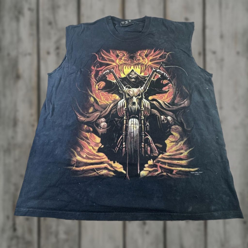 Vintage VINTAGE Skull Sensations Biker Shirt (T-Shirt) Mens Large Sleeveless Black Graphic Flame Grim Reaper 2000s Punk Size US L / EU 52-54 / 3 - 1 Thumbnail
