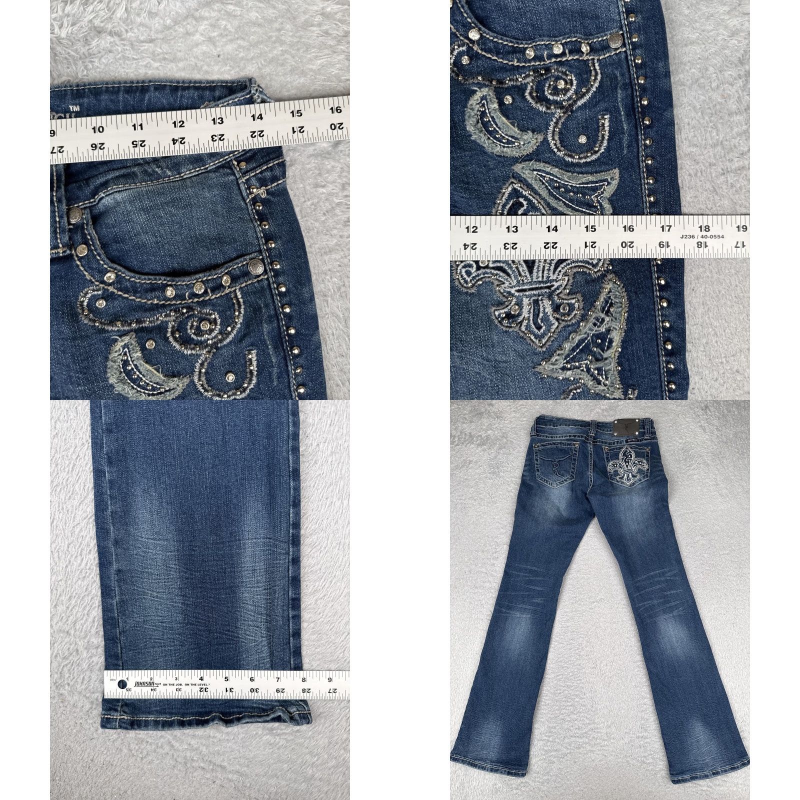 Vintage Trinity Ranch Jeans Bootcut Junior 5 Blue Mid Rise Embroidered Rhinestone Studded Embellished 29x34 Casual Western Cowboy Womens Size 27" / US 4 / IT 40 - 9 Thumbnail