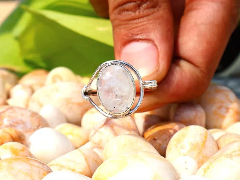 Handmade Rainbow Oval Moonstone Ring, Handmade Sterling Silver Ring Size ONE SIZE - 6 Thumbnail
