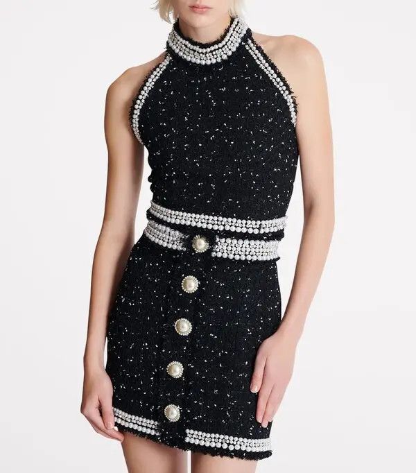 Balmain o1s1wg110526 Tweed Embroidered Halterneck Top in Black Size L / US 10 / IT 46 - 2 Thumbnail