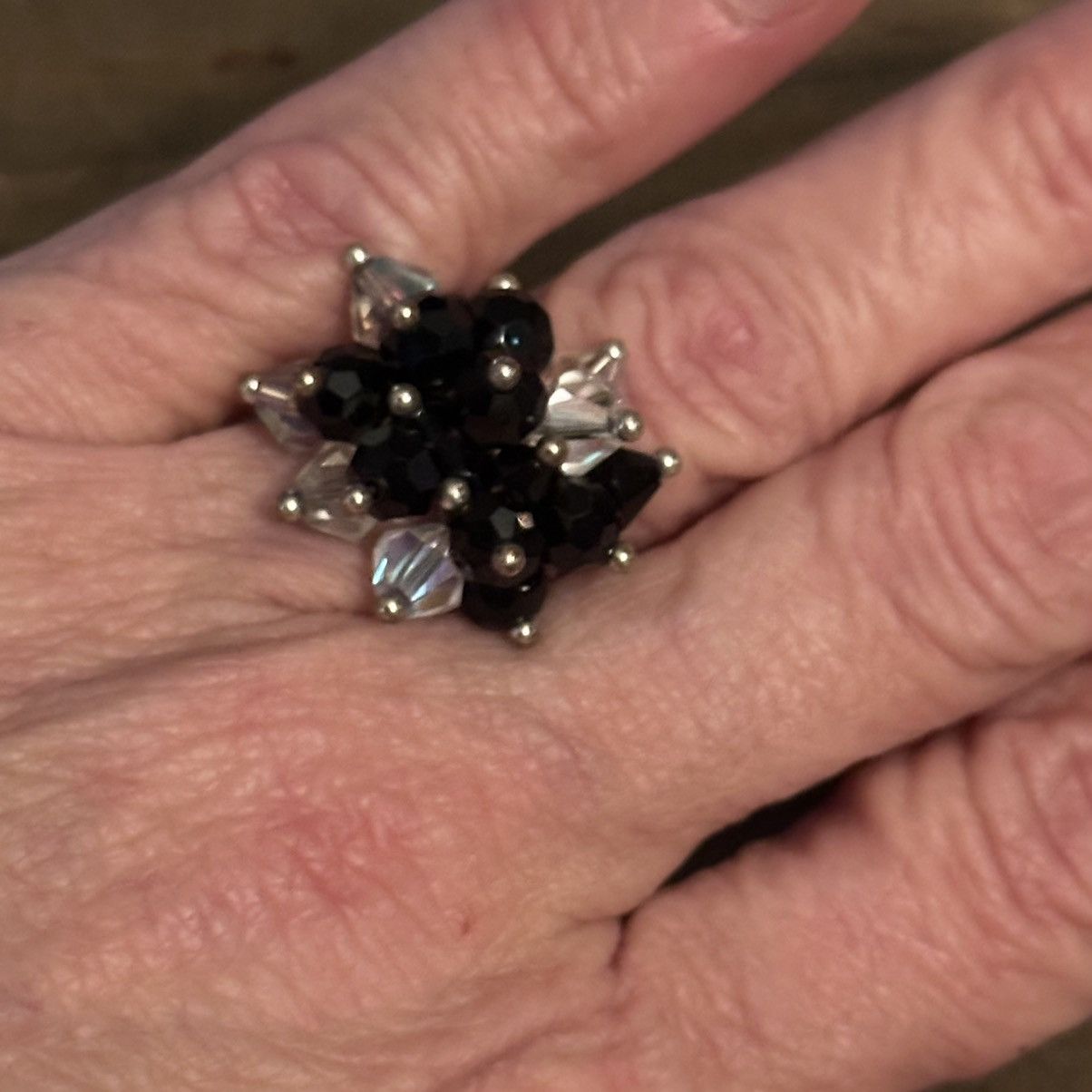 Vintage Vintage silver tone black and AB cluster glass bead ring Size ONE SIZE - 2 Thumbnail