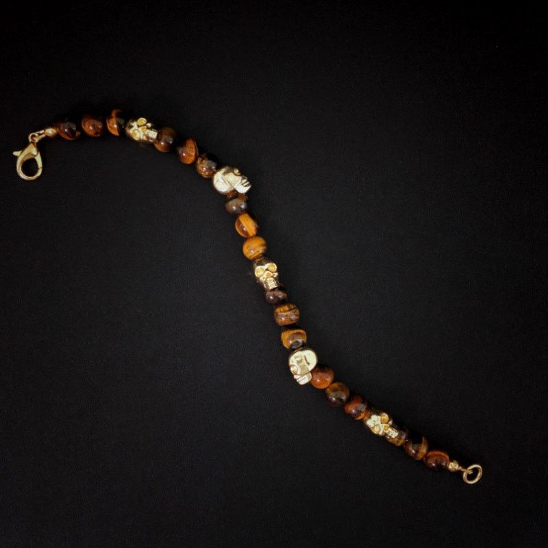 Handmade 💀 Gold Skull and Genuine Tiger’s Eye Beaded Bracelet Size ONE SIZE - 4 Thumbnail