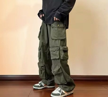 Japanese Brand Olive Green Baggy Cargo Pants - Y2K Skate Streetwear Size US 31 - 7 Thumbnail