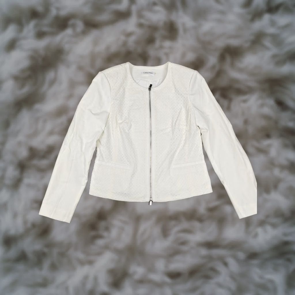 Calvin Klein Calvin Klein Jacket Womens Medium White Lace Front Zip Pockets Lined Collarless Size M / US 6-8 / IT 42-44 - 1 Thumbnail