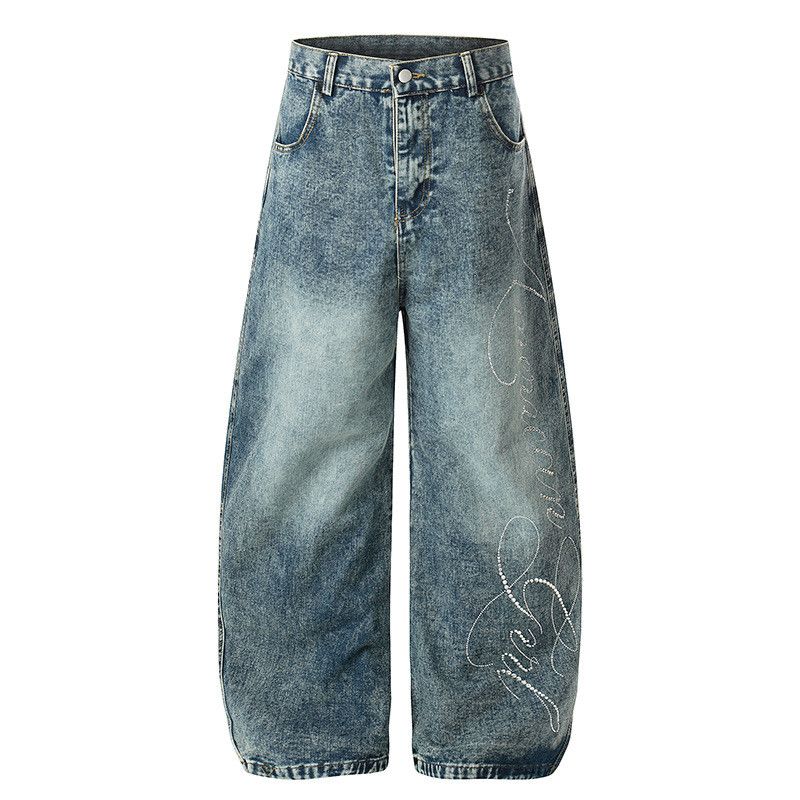 Jean American hot-stamped rhinestone letter washed curved jeans Size US 32 / EU 48 - 1 Thumbnail
