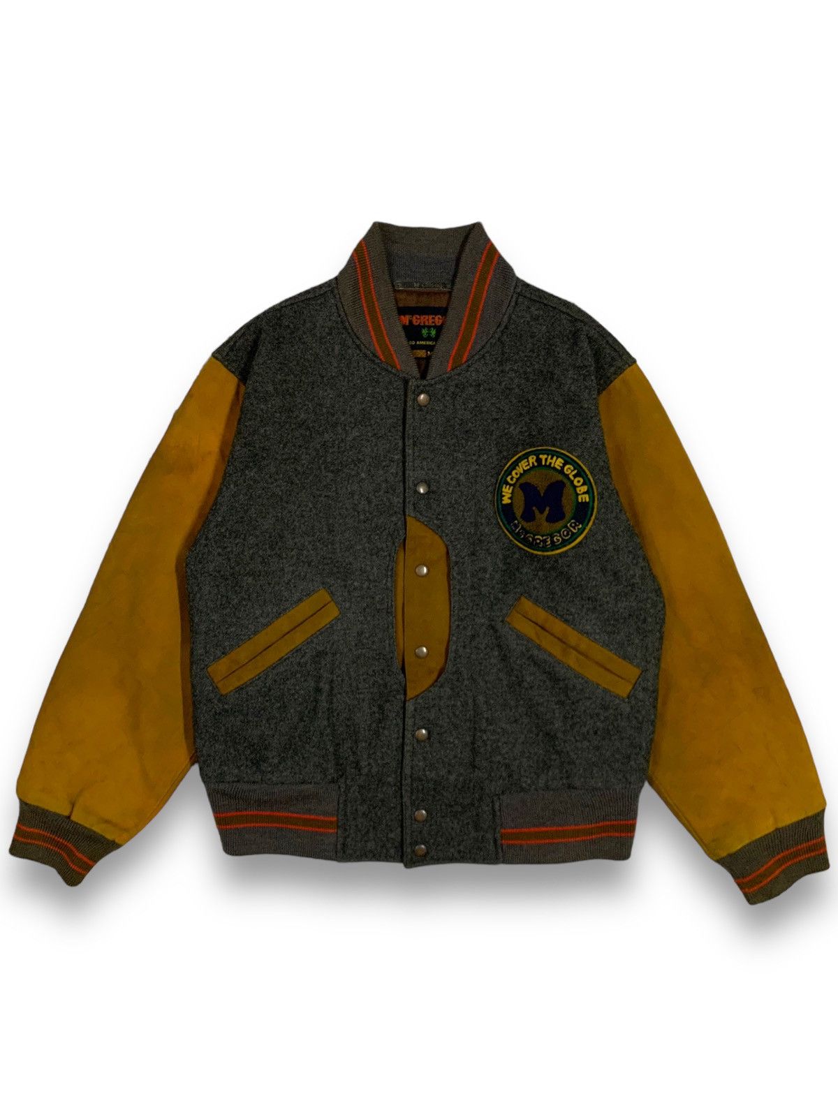 image of Vintage Mcgregor Thrashed Patches Logo Varsity Jacket in Grey, Men's (Size Medium)