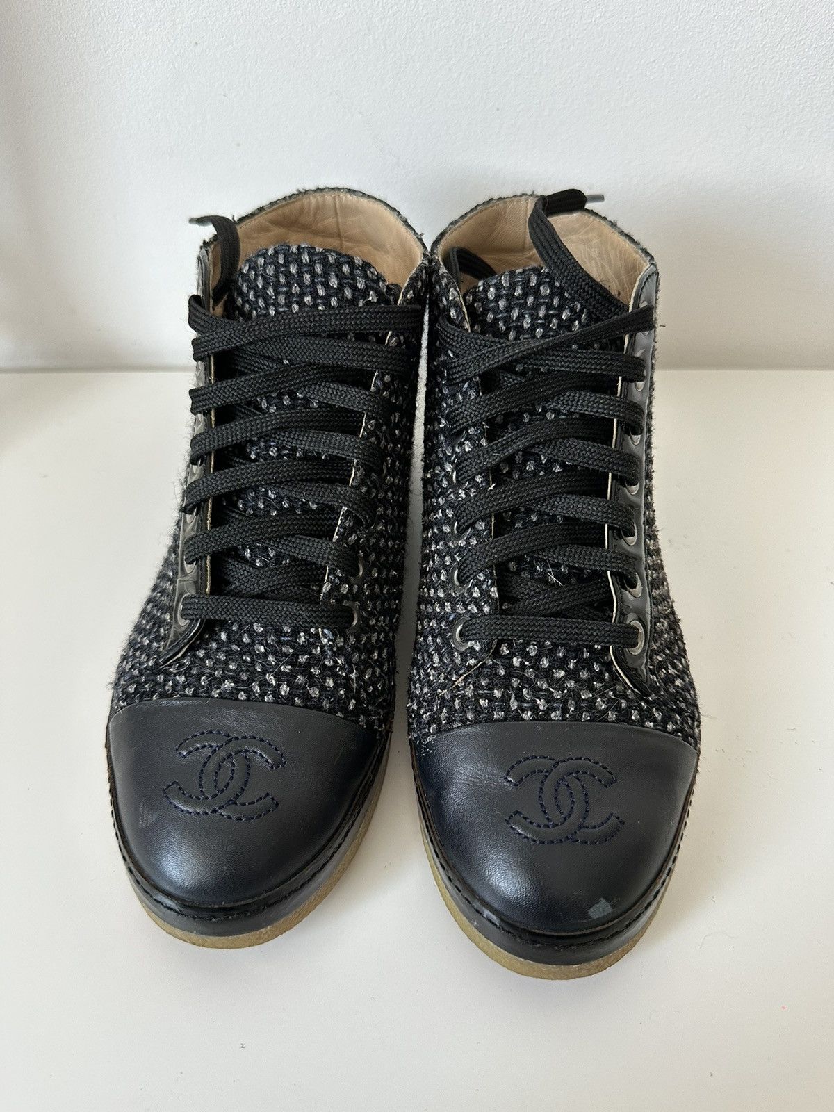 Chanel Chanel Tweed Leather Cap Toe CC Logo Lace Up Ankle Boots Grailed