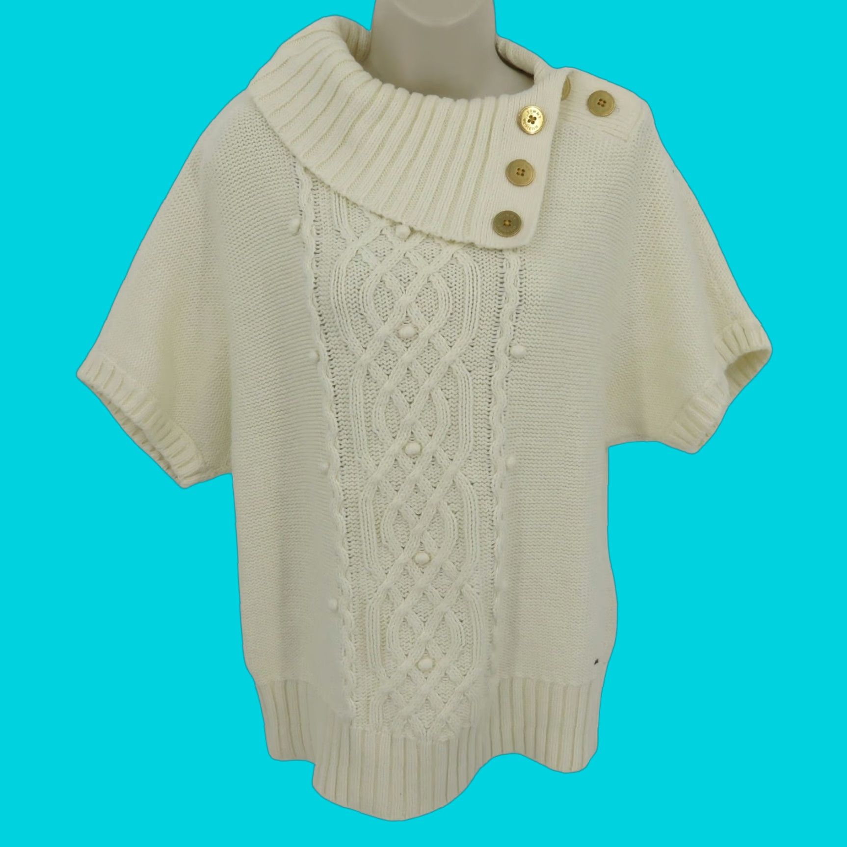Tommy Hilfiger Tommy Hilfiger Women Small Cream Chunky Knit Short Sleeve Sweater Gold Buttons Size S / US 4 / IT 40 - 1 Thumbnail