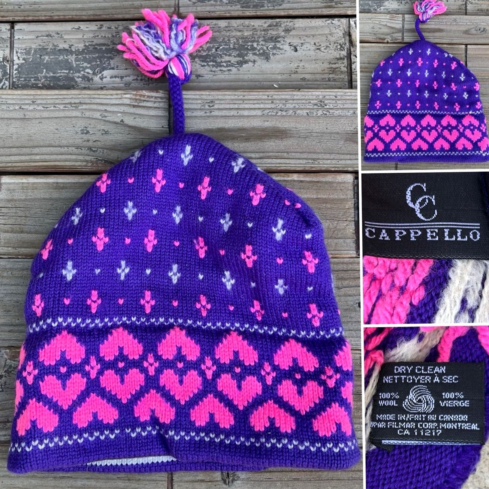 Pinko VINTAGE 80s Wool Ski Beanie Hat Purple Pink Tassel Cap Canada Fair Isle Cappello Size ONE SIZE - 2 Thumbnail