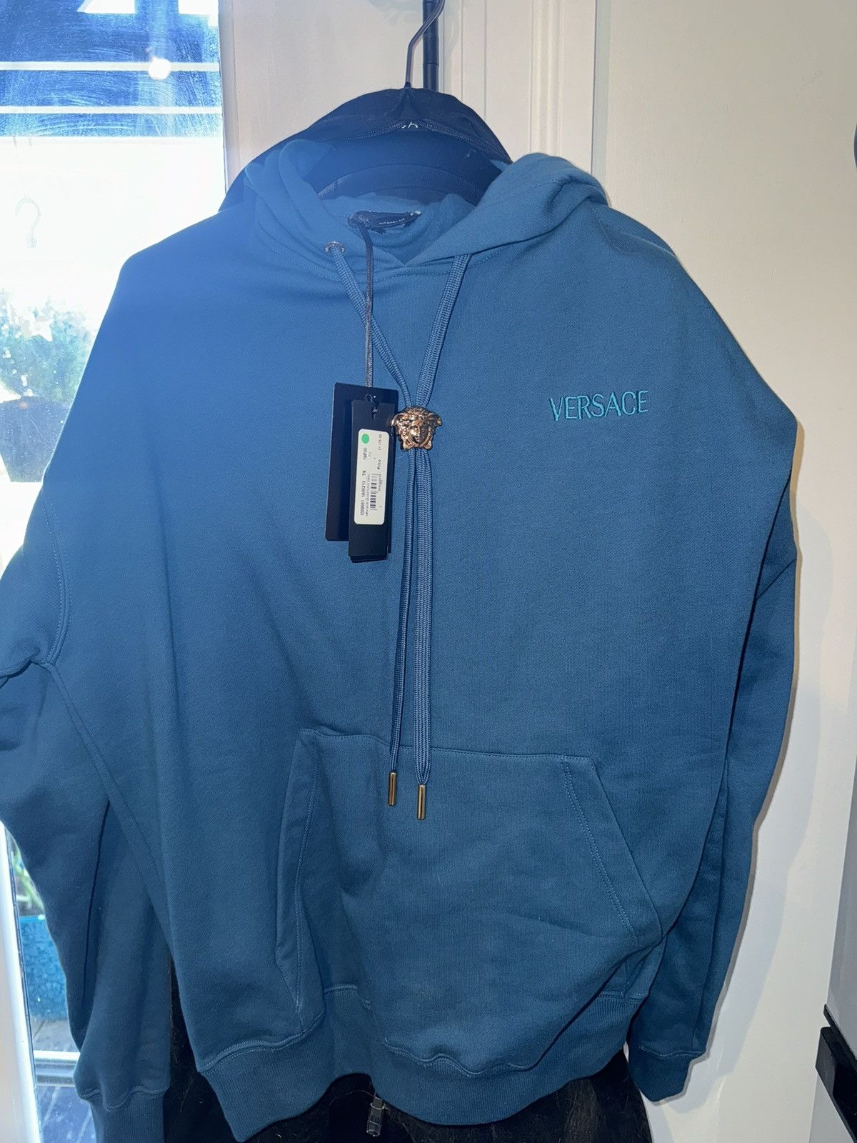 image of New Versace Blue Hoodie With Gold Medusa, Men's (Size Small)