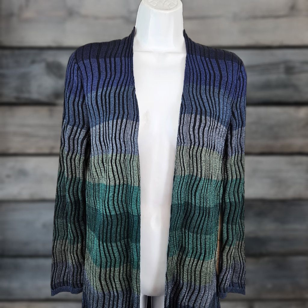 Vintage Chico's Womens Cardigan Small Blue Black Stripe Long Sleeve Cotton Blend Knit Sweater Cardigan Womens XS? Size S / US 4 / IT 40 - 1 Thumbnail