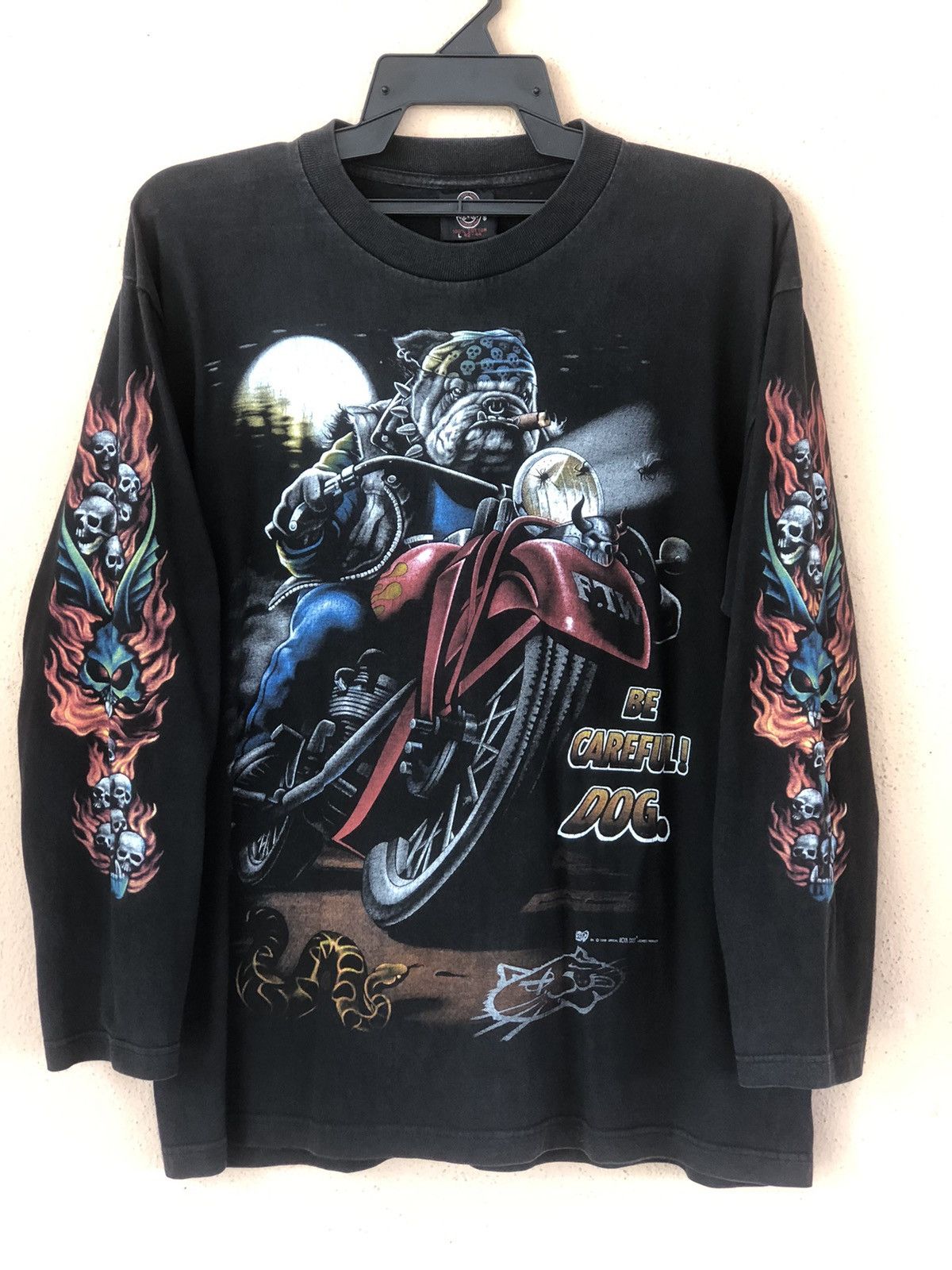 Vintage Vintage 90s Bulldog Biker Flaming Skull Shirt Size US L / EU 52-54 / 3 - 1 Thumbnail