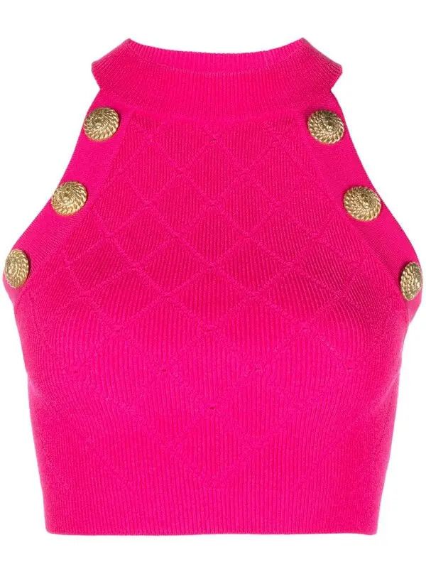 Balmain o1s1wg110825 Lion Head Buttons Cropped Tank Top in Pink Size L / US 10 / IT 46 - 1 Thumbnail
