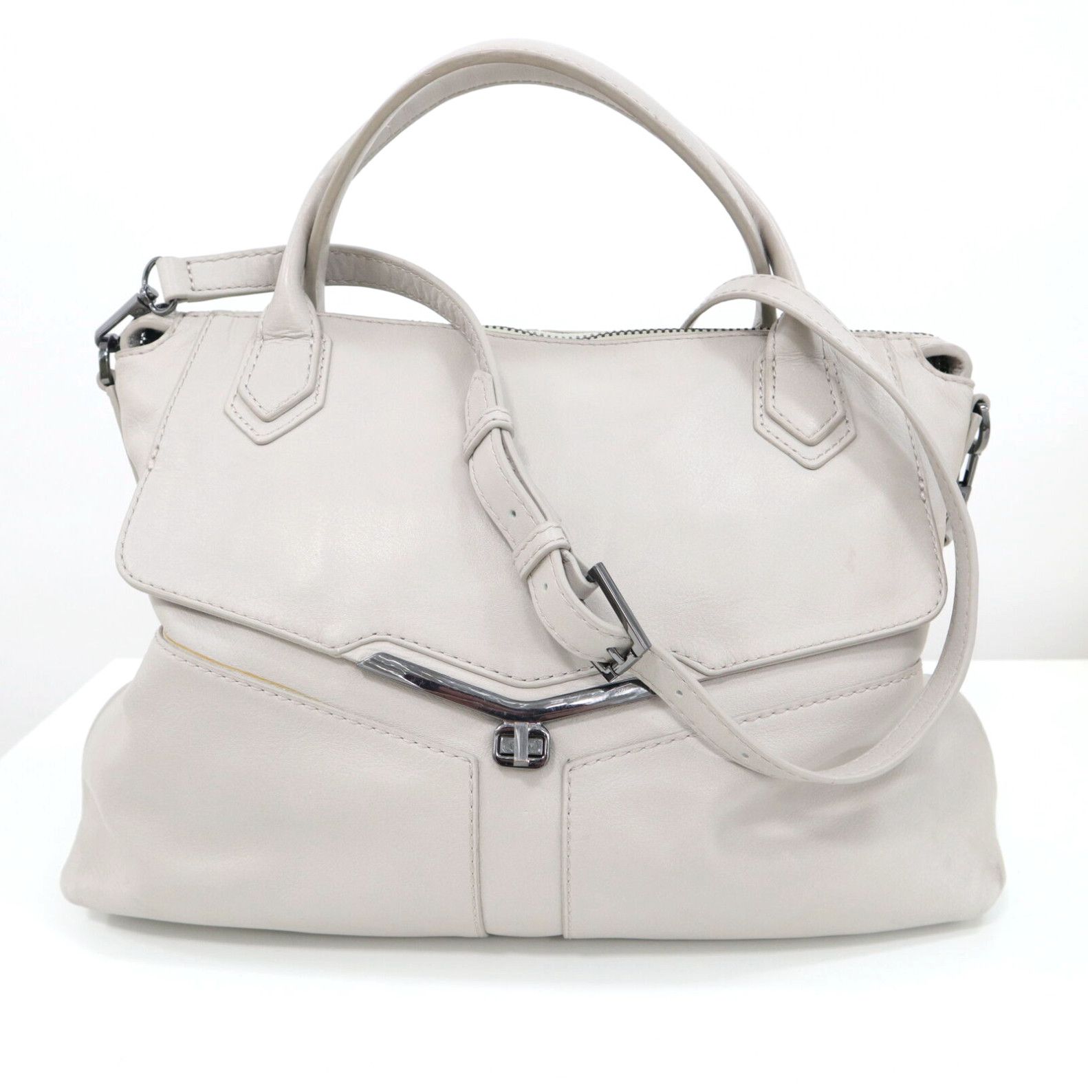 image of Vintage Botkier Satchel Messenger Bag Purse Leather Gray Crossbody Strap in White, Women's