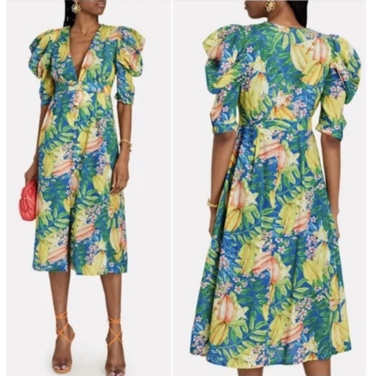 Farm Rio FARM RIO Star Fruits Tropical Puff Sleeve Midi Boho Dress XS Size XS / US 0-2 / IT 36-38 - 1 Thumbnail