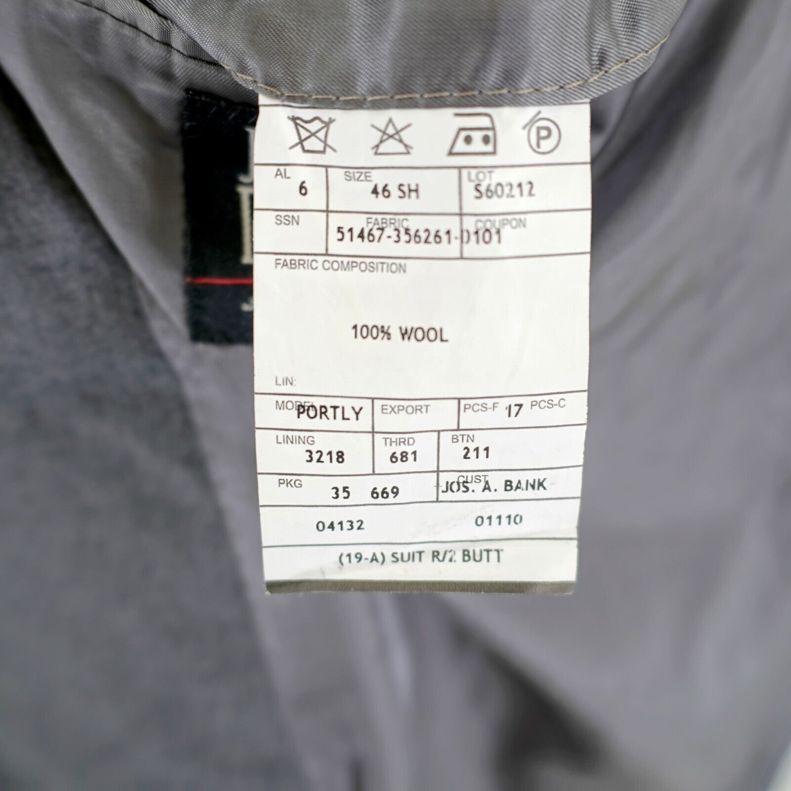 Jos. A. Bank DAMAGED Jos A Bank Portly Gray Wool 46R Tagged 46S 2 Button Size 46R - 9 Thumbnail