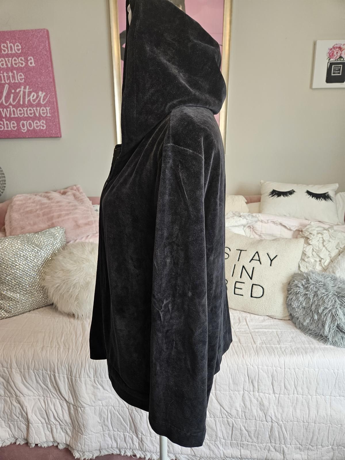 Designer Doncaster Black Velvet Cozy Hoodie Zip-Up Jacket Size XL / US 12-14 / IT 48-50 - 2 Thumbnail