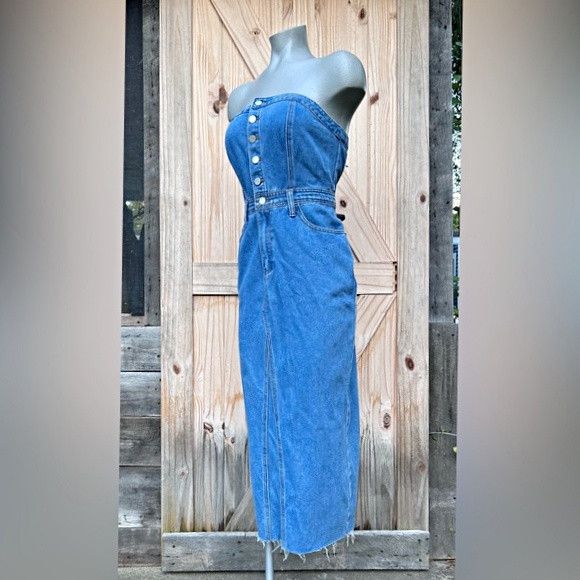 Other Sincerely Jules Blue Denim Strapless Raw Hem Midi Dress Size S / US 4 / IT 40 - 3 Thumbnail