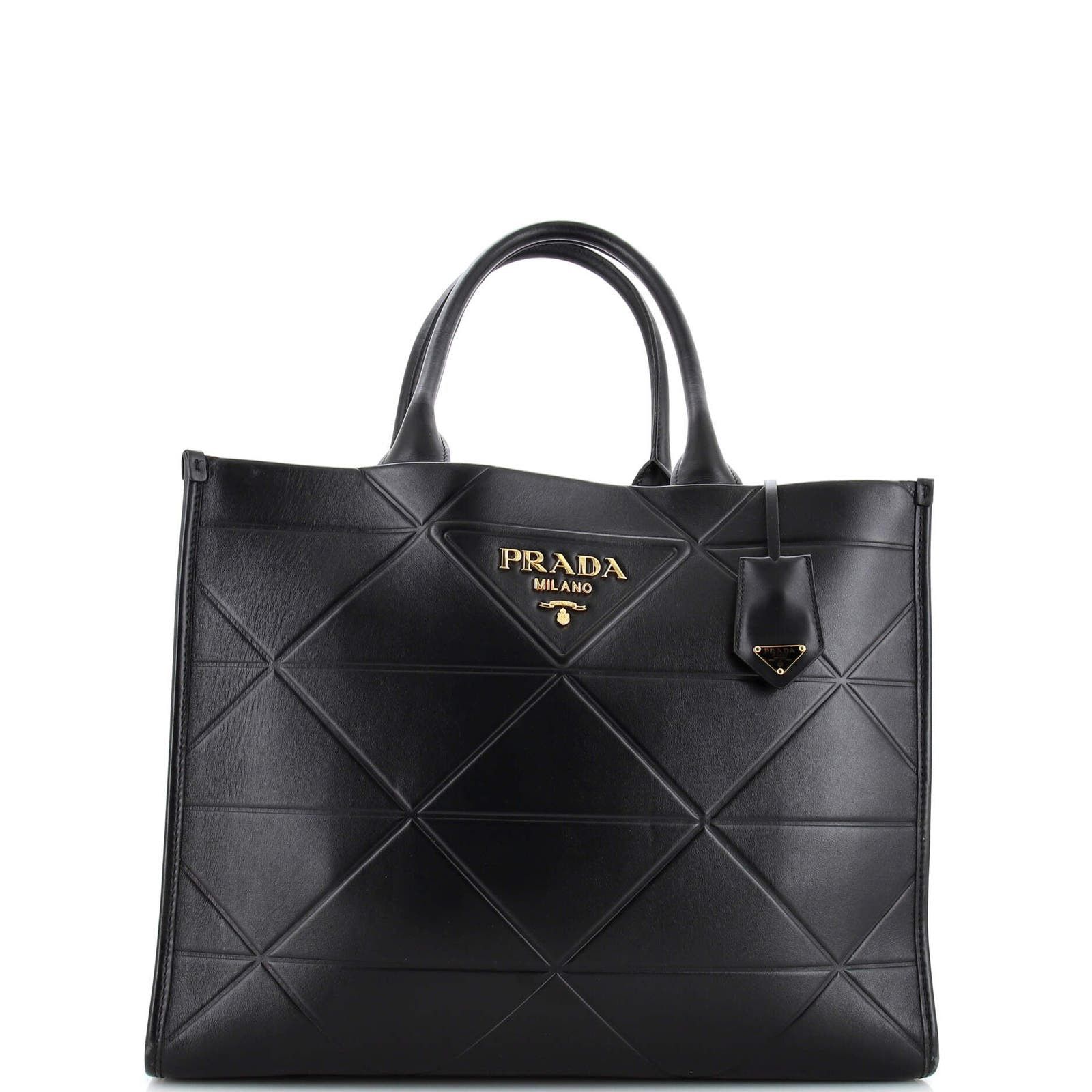 image of Prada Symbole Shopper Tote Embossed Leather Medium in Black, Women's
