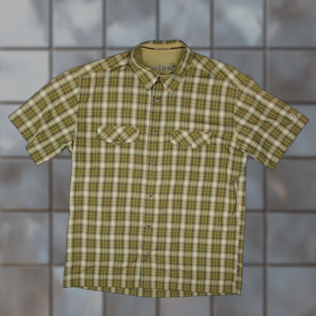 Vintage KUHL Shirt Men XL Green Plaid Short Sleeve Button-Up With Pearl Snaps, 100% Polyester, Knit, Classic Fit, Work, Casual, Travel, Skin-Free, India Size US XL / EU 56 / 4 - 1 Thumbnail