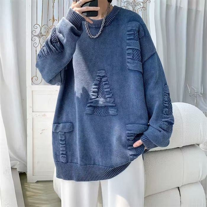 image of Vintage Patchwork Embroidery Knit Sweater in Blue, Men's (Size Medium)